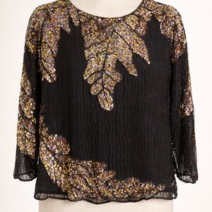Oleg Cassini Black Top with Gold and Iridescent Sequin Leaves